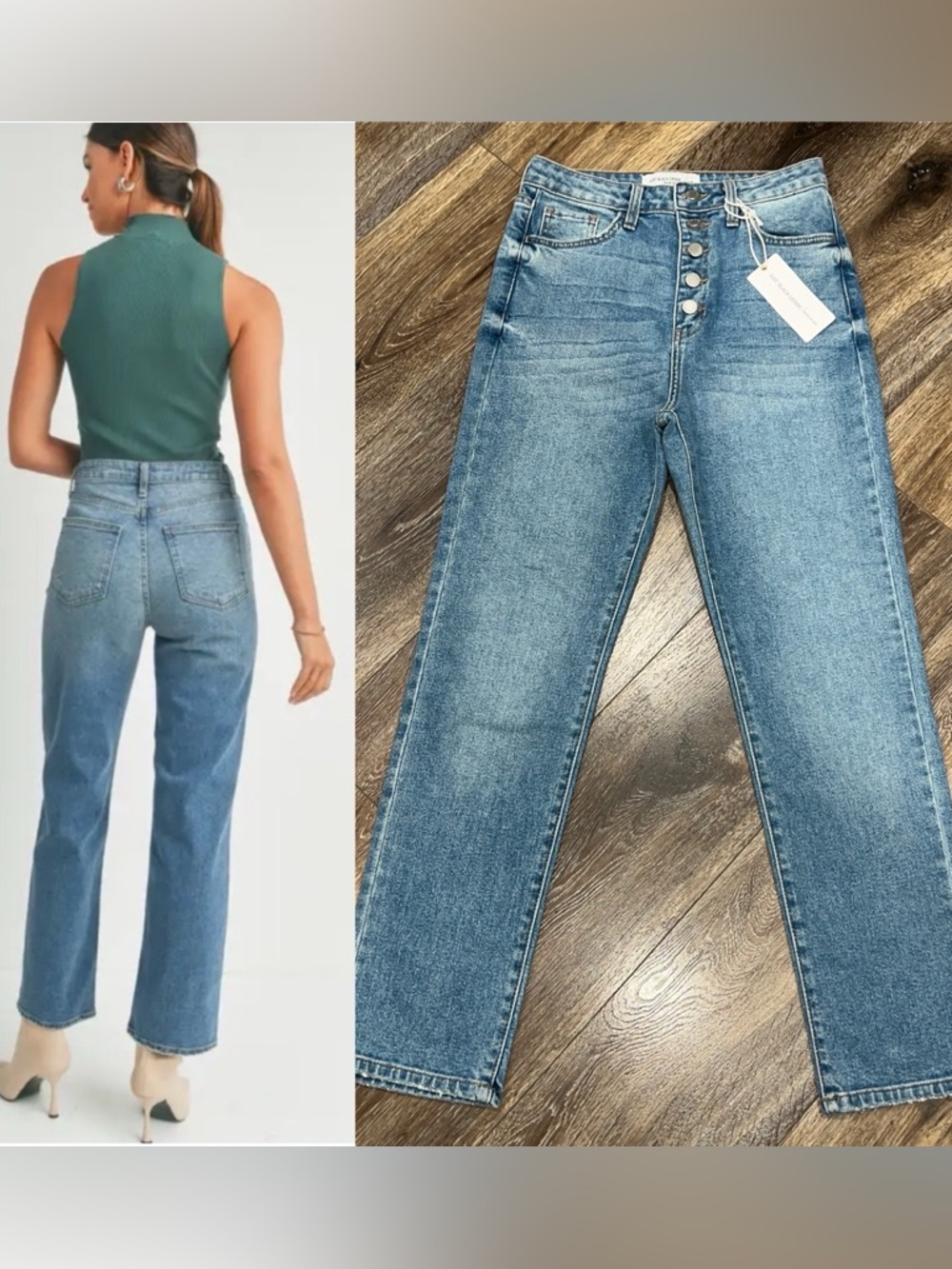 NWT Just Black Denim Ribcage Button Fly Straight Leg Jeans In Med Blue Denim